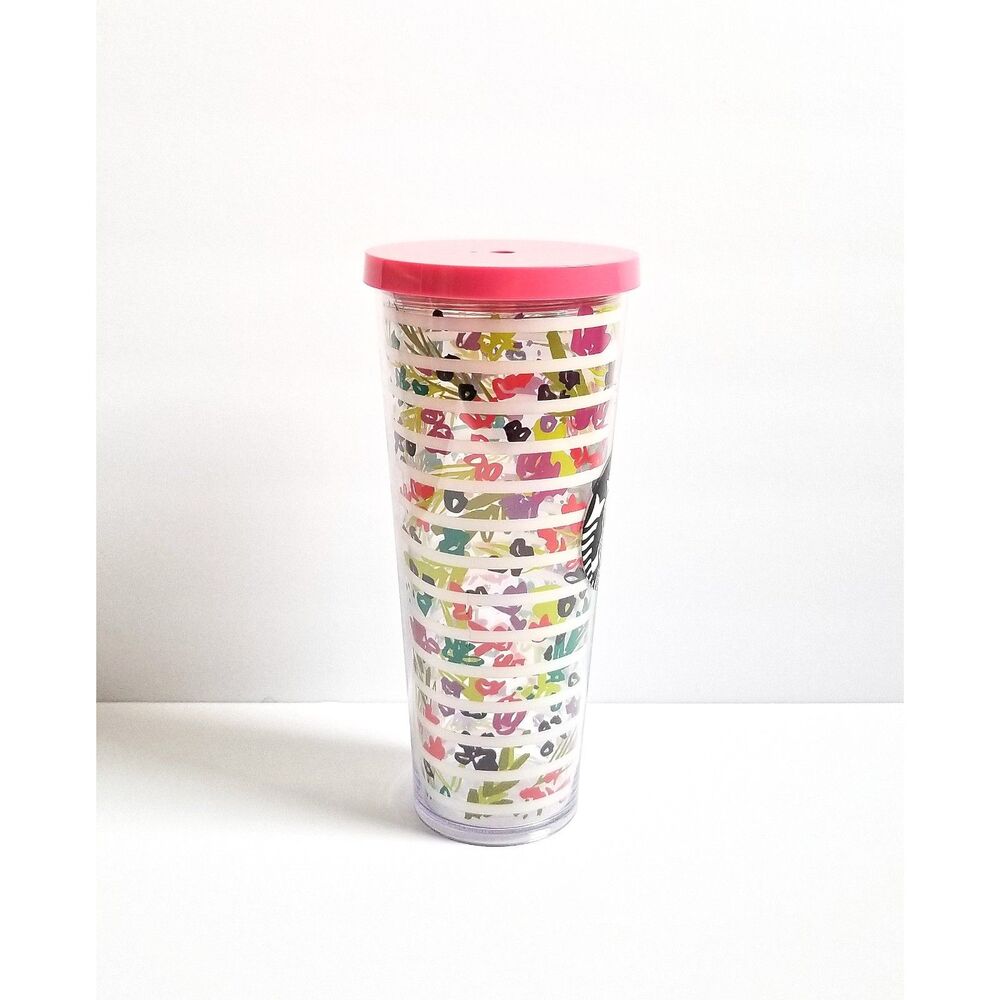 STARBUCKS Venti Cold Cup Tumbler White Stripes Coral Lid Floral 24 oz 2017 - Picture 4 of 12